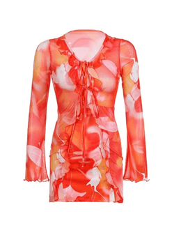 Ruffle Tie Front Mesh Long Sleeve Mini Dress - AnotherChill