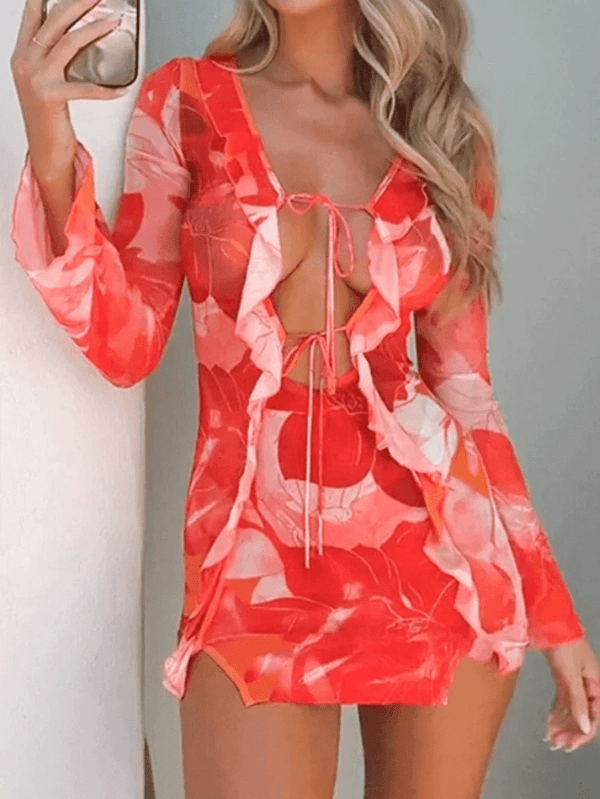 Ruffle Tie Front Mesh Long Sleeve Mini Dress - AnotherChill