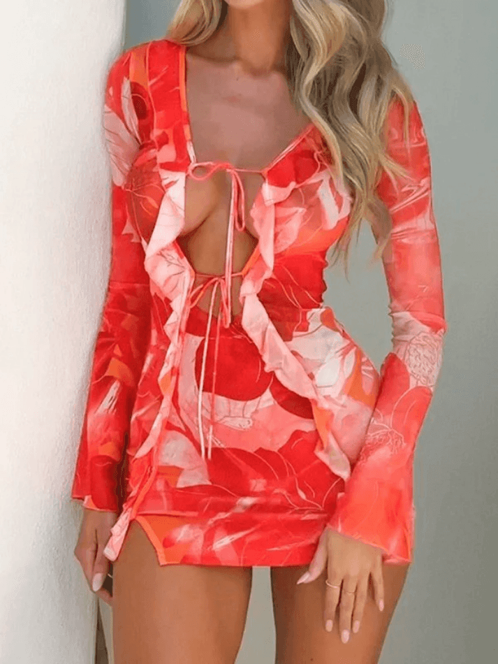 Ruffle Tie Front Mesh Long Sleeve Mini Dress - AnotherChill