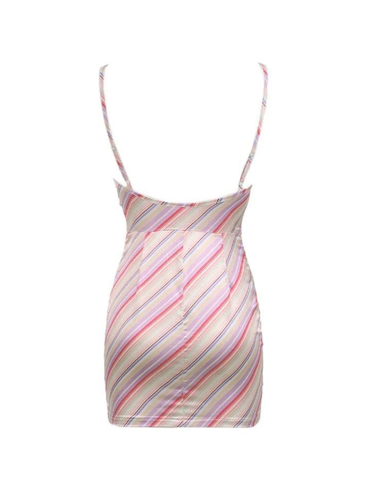 Satin Colorful Stripe Backless Mini Dress - AnotherChill