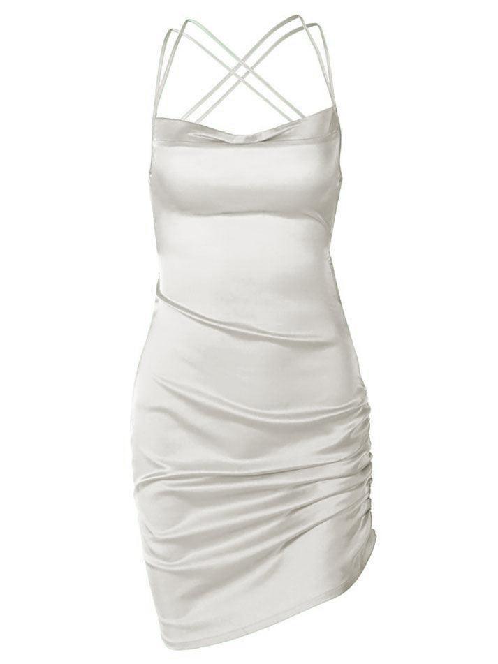 satin cross back mini dress Hardware Halter Satin Cowl Neck, Opal Cross Back Mini Dress in Black, Size 2XS,