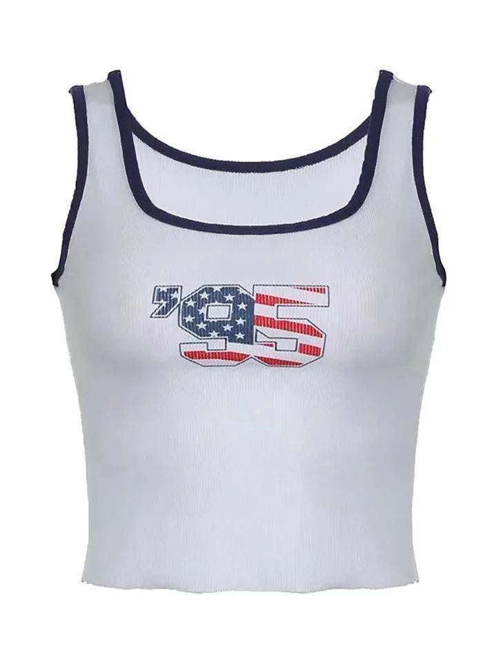 Scoop Neck Numbering Print Contrast Trim Tank Top - AnotherChill