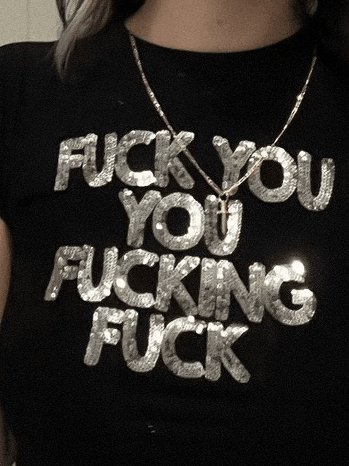 Sequined Letter Black Crop Top - AnotherChill
