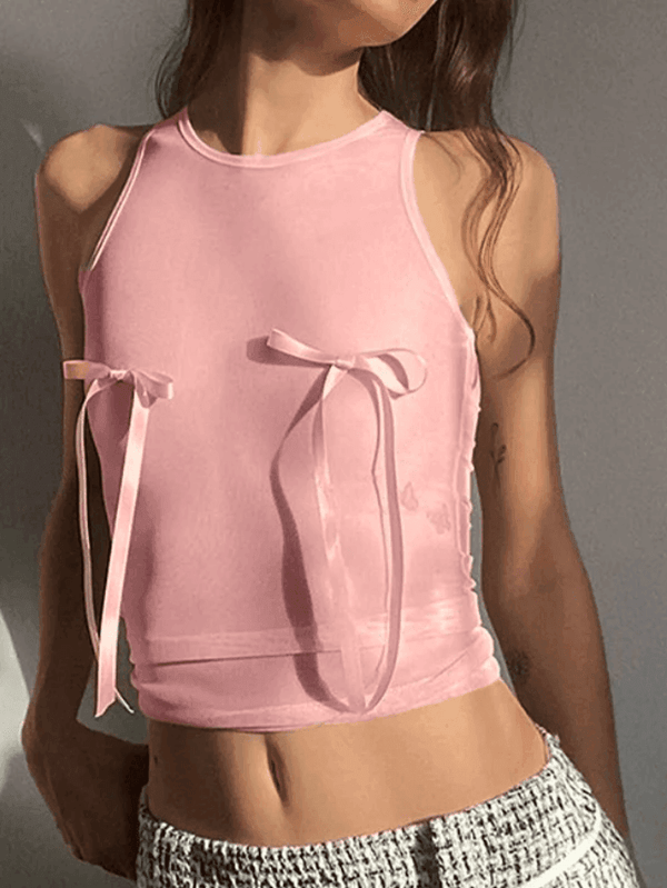 Sheer Mesh Bow Pink Tank Top - AnotherChill