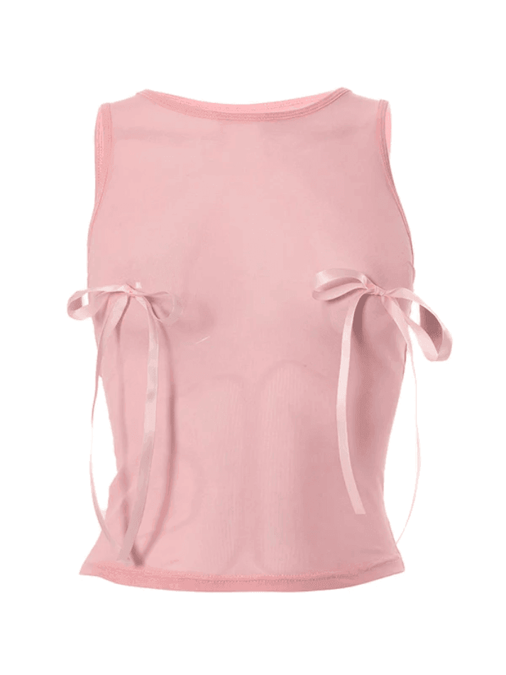 Sheer Mesh Bow Pink Tank Top - AnotherChill