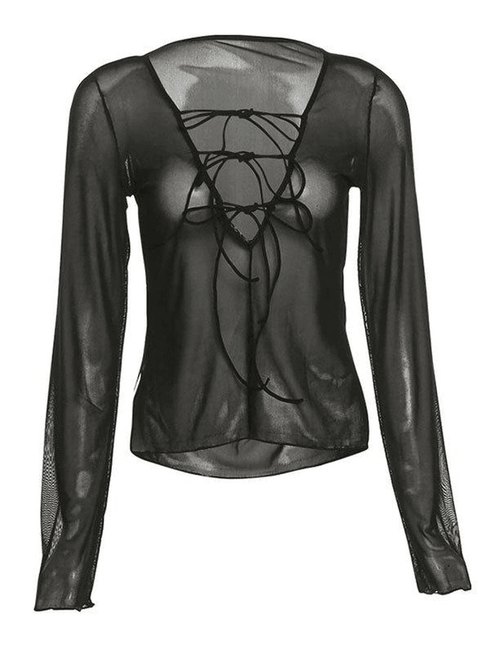 Sheer Mesh Lace Up Blouse - AnotherChill