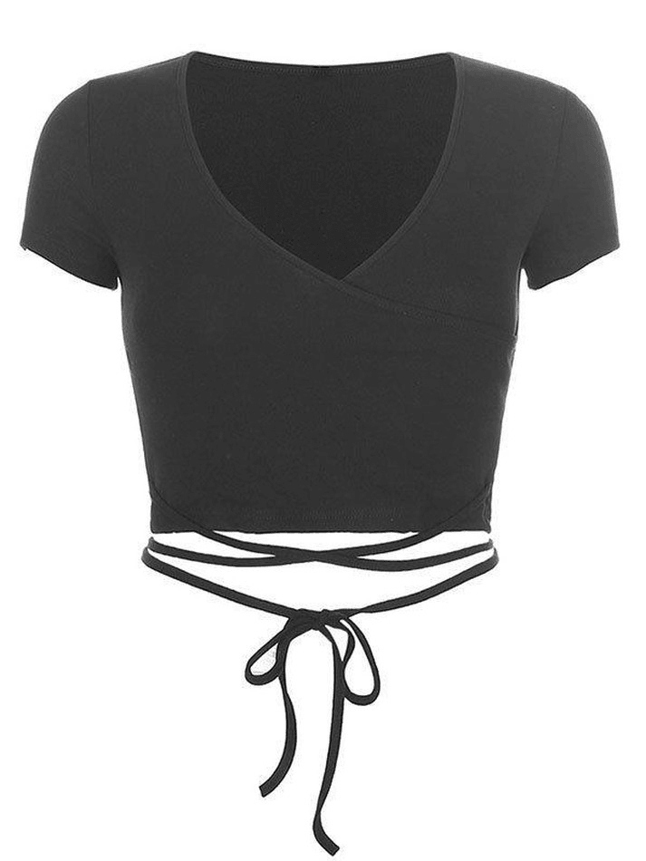2024 Short Sleeve Wrap Crop Top Black M in Tops&Tees Online Store ...
