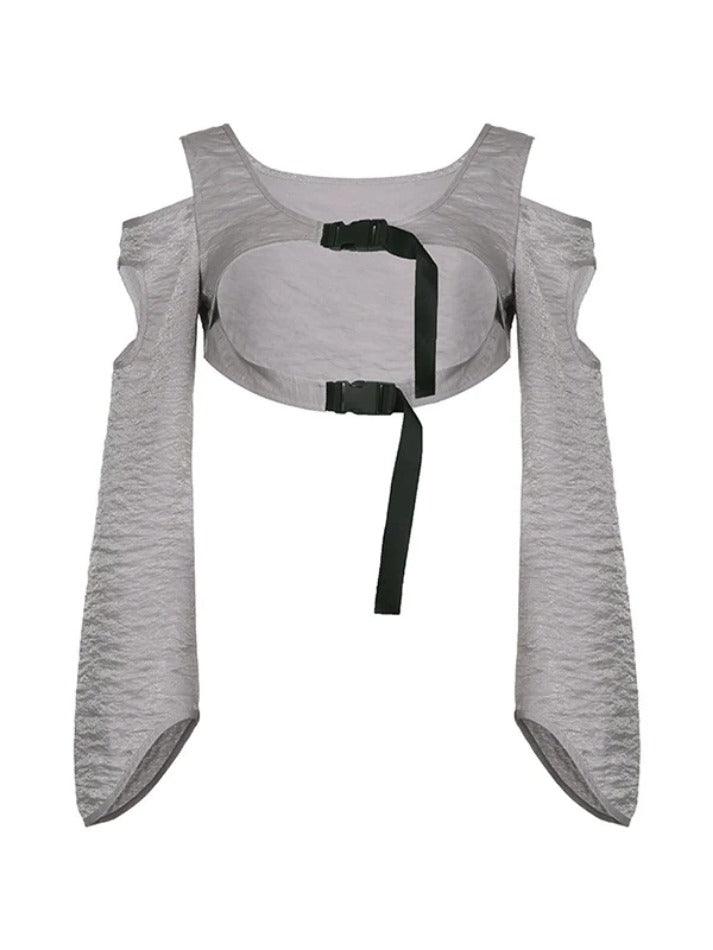 Silver Cutout Buckle Design Long Sleeve Blouse - AnotherChill