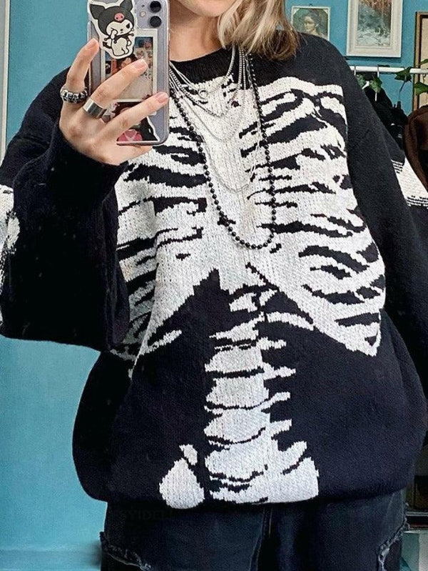 Skeleton Jacquard Black Pullover Sweater - AnotherChill