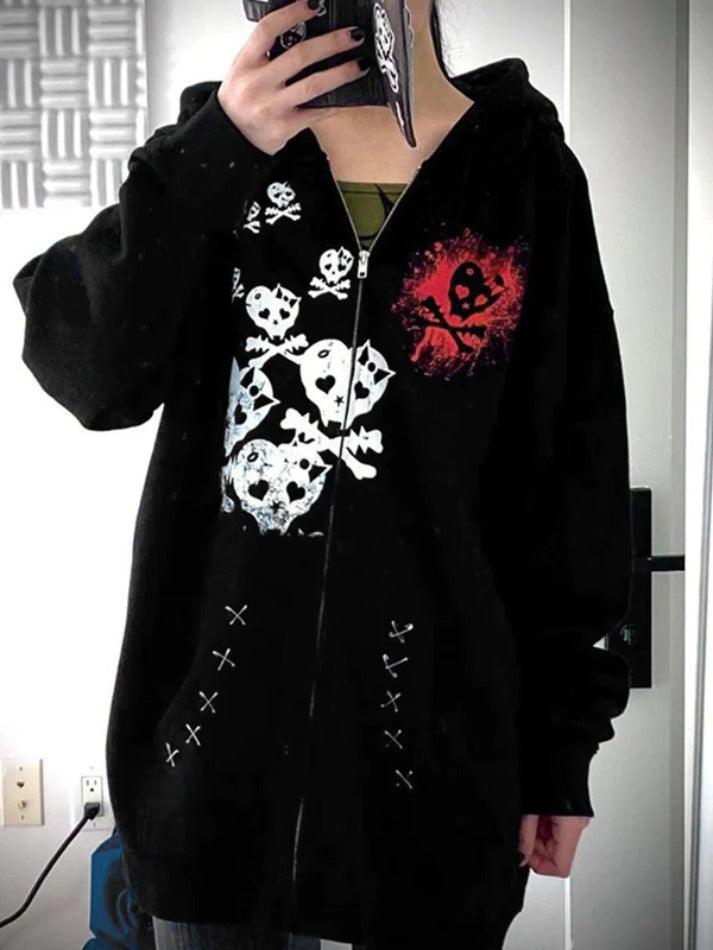 Skull Print Hooded Zipped Loose Hoodie - AnotherChill