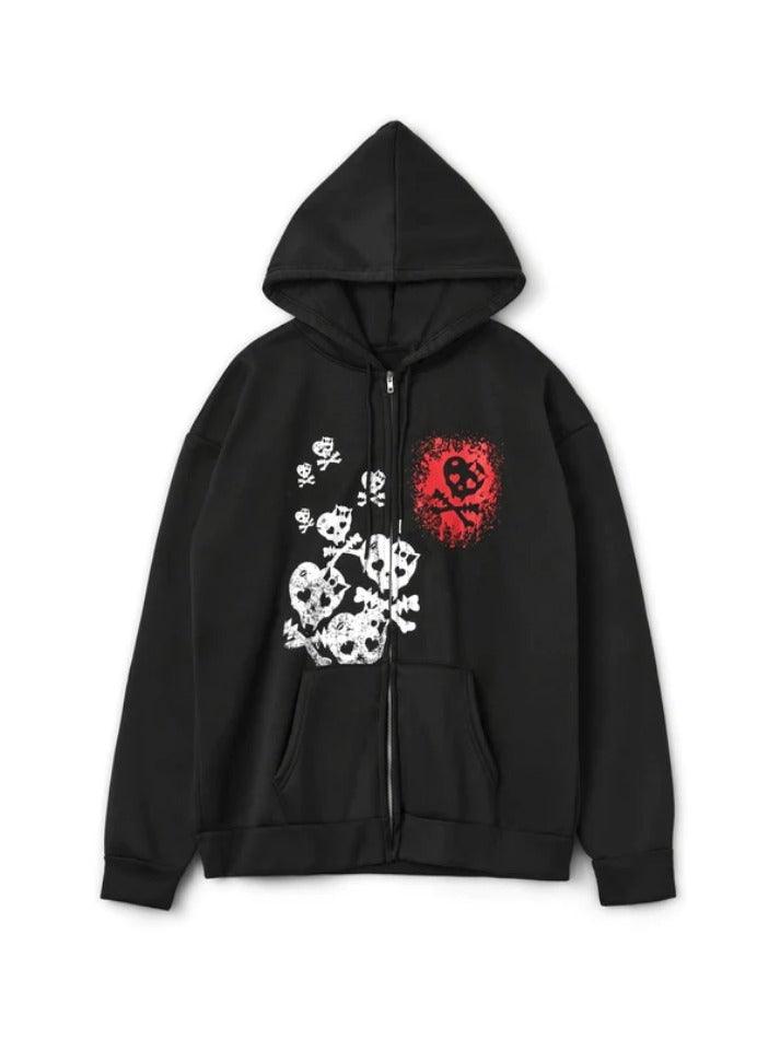 Skull Print Hooded Zipped Loose Hoodie - AnotherChill