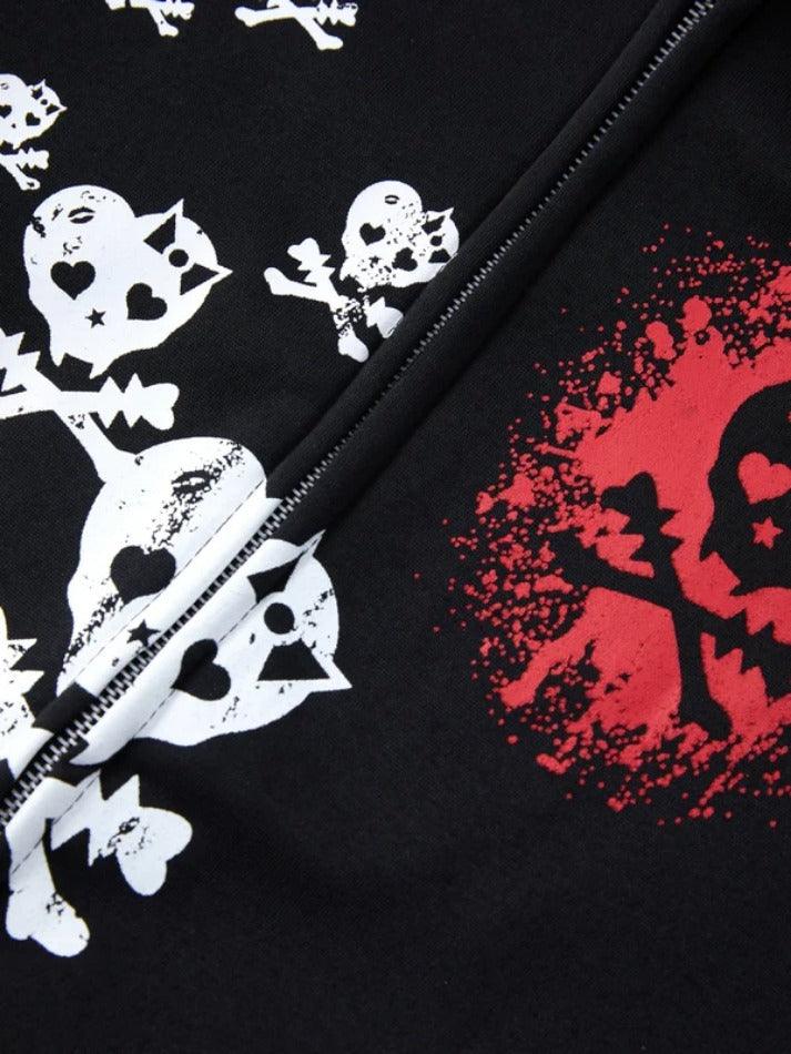 Skull Print Hooded Zipped Loose Hoodie - AnotherChill