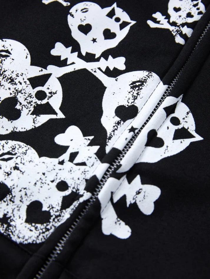 Skull Print Hooded Zipped Loose Hoodie - AnotherChill