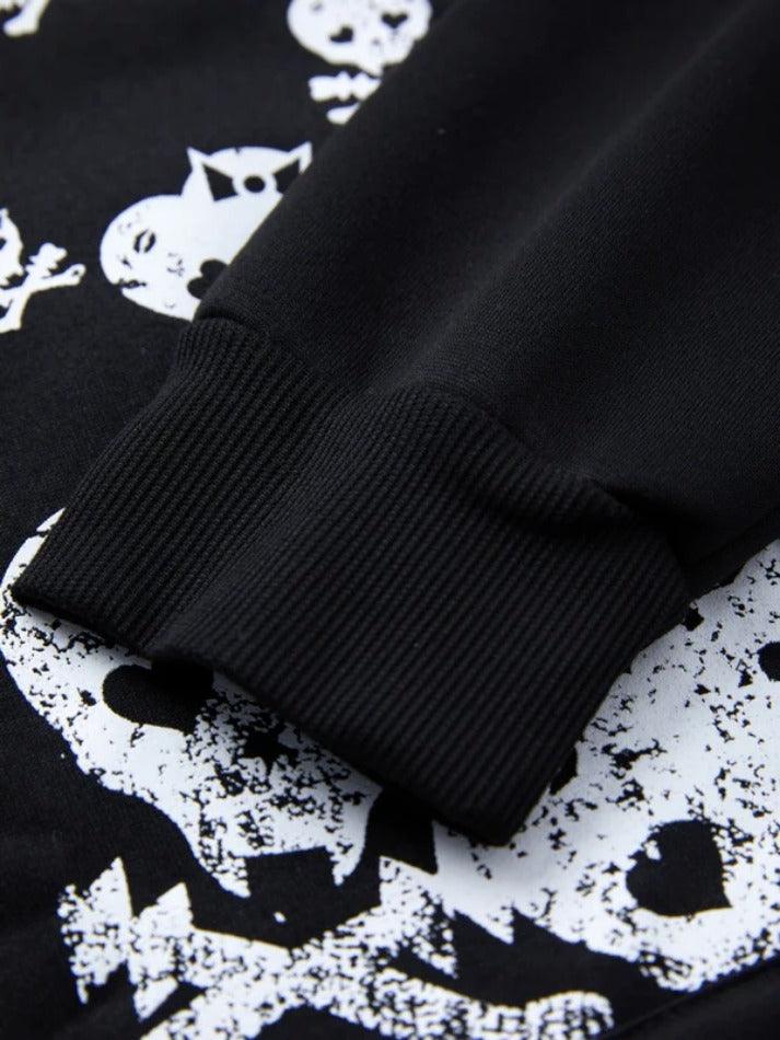 Skull Print Hooded Zipped Loose Hoodie - AnotherChill