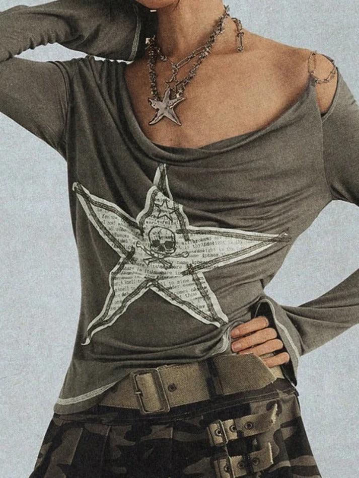Skull Star Print Chain Decor Long Sleeve Tee - AnotherChill