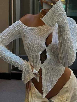 Slanted Shoulder Textured Cutout Slit Long Sleeve Tee - AnotherChill