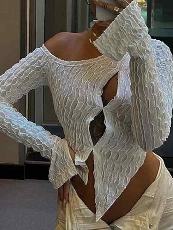 Slanted Shoulder Textured Cutout Slit Long Sleeve Tee - AnotherChill