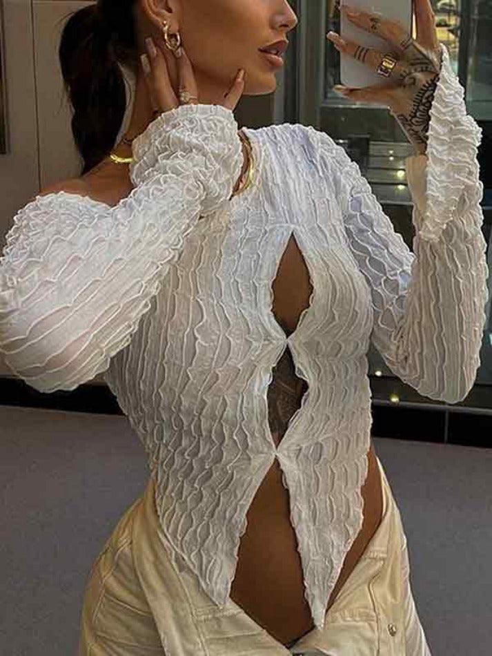 Slanted Shoulder Textured Cutout Slit Long Sleeve Tee - AnotherChill