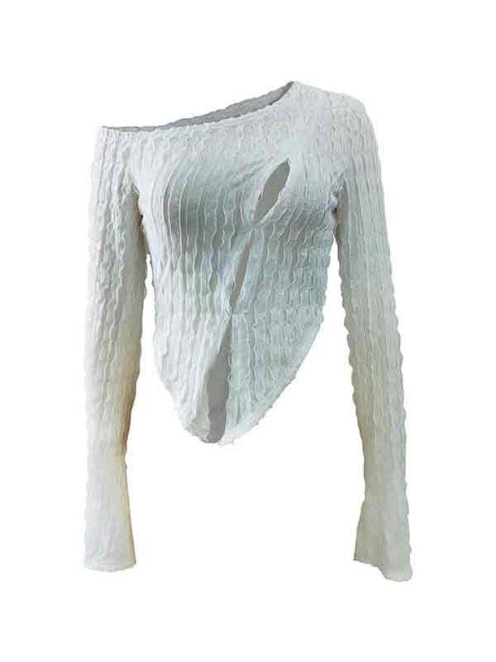 Slanted Shoulder Textured Cutout Slit Long Sleeve Tee - AnotherChill