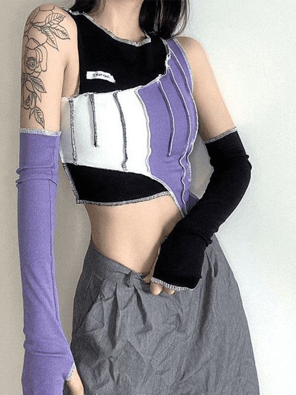 Sleeve Detail Irregular Patchwork Crop Top - AnotherChill