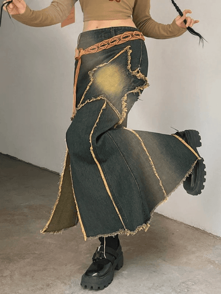 2023 Slit Vintage Star Embroidered Denim Maxi Skirt Yellow S in 
