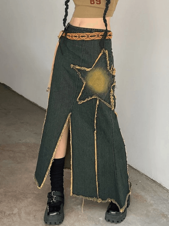 Slit Vintage Star Embroidered Denim Maxi Skirt - AnotherChill