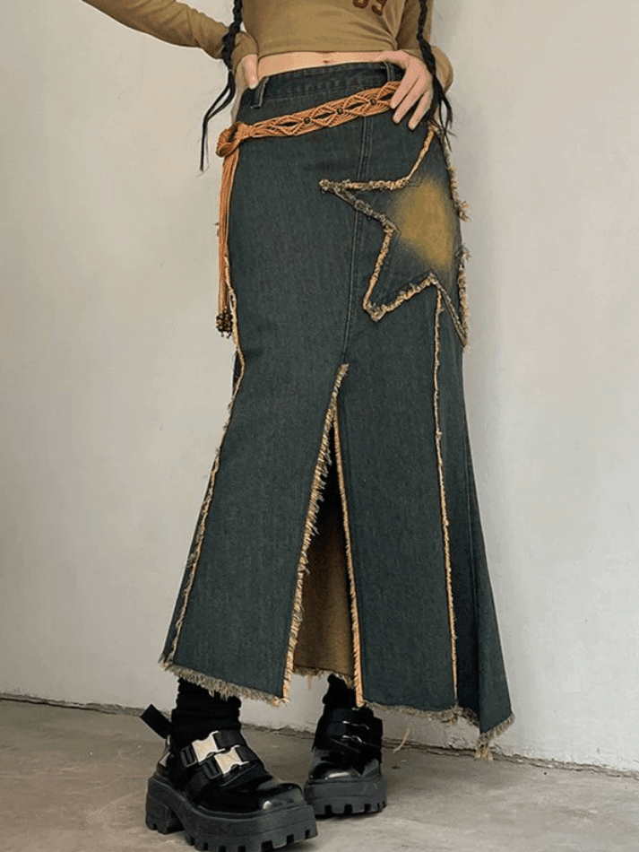 Slit Vintage Star Embroidered Denim Maxi Skirt - AnotherChill