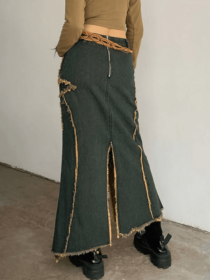 Slit Vintage Star Embroidered Denim Maxi Skirt - AnotherChill