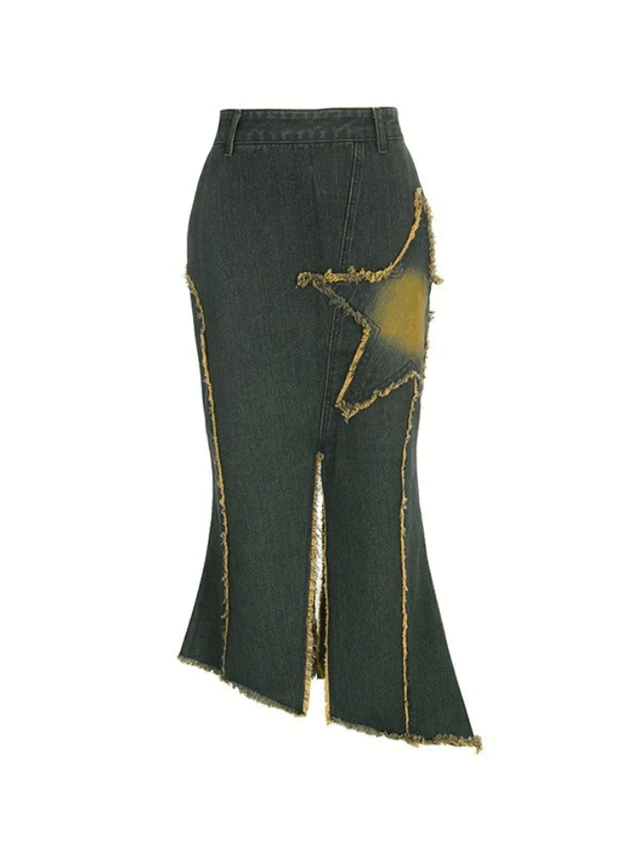 Slit Vintage Star Embroidered Denim Maxi Skirt - AnotherChill