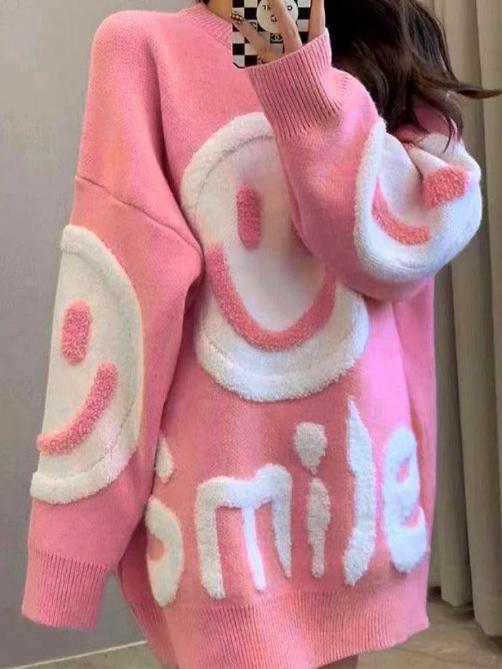 Smile Print Thicken Loose Sweater - AnotherChill