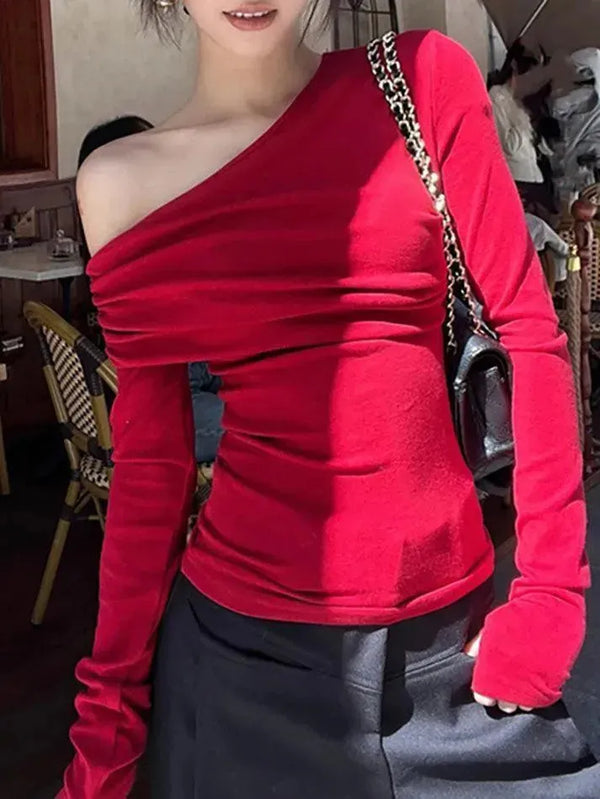 Solid Color Asymmetrical Ruched Long Sleeve Top - AnotherChill