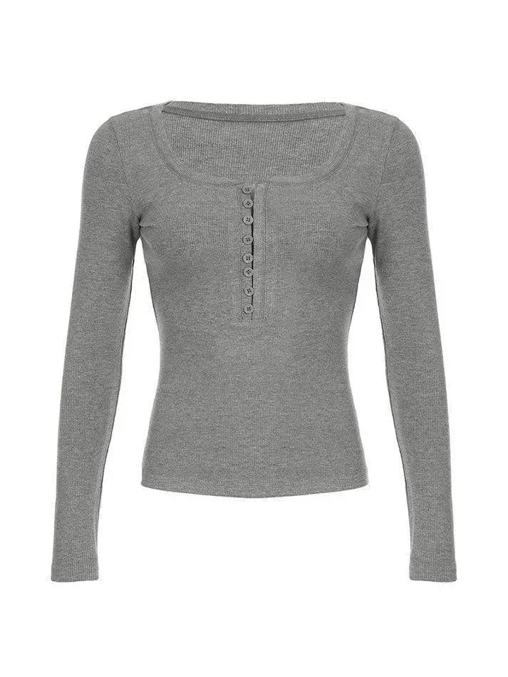 Solid Color Button-Up Crew Neck Fitted Top - AnotherChill
