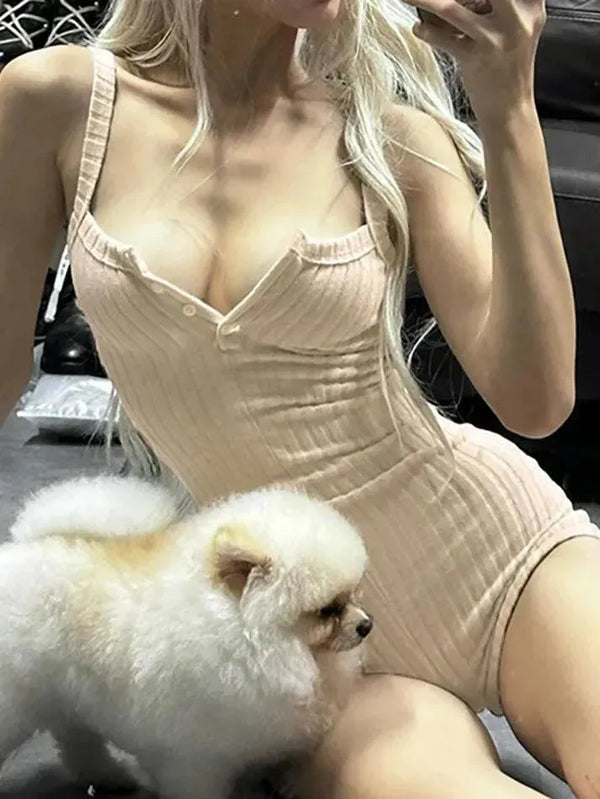Solid Color Button-Up Ribbed Fitted Cami Jumpsuit - AnotherChill