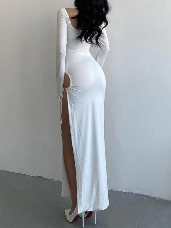 Solid Color Cutout High Slit Lace Up Maxi Dress - AnotherChill
