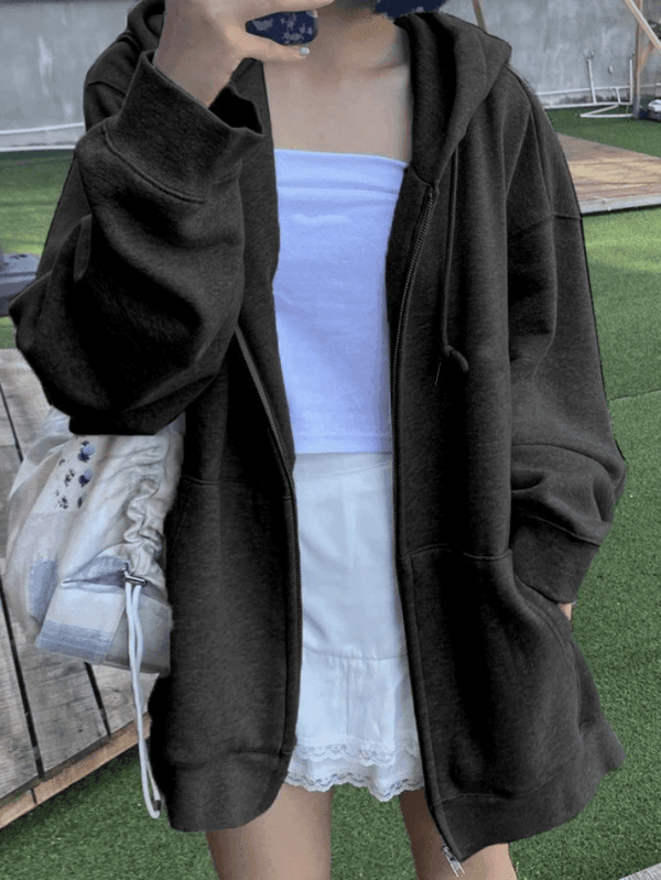Solid Color Fleece Lined Zip-Up Hoodie - AnotherChill
