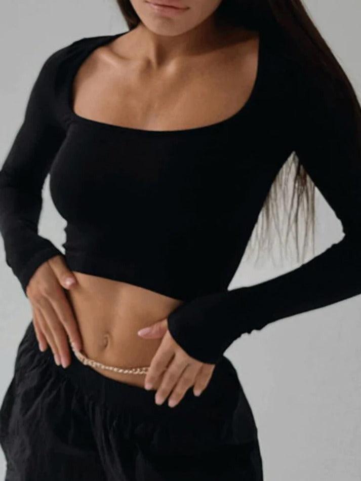 Solid Color Low Cut Slim Long Sleeve Knit - AnotherChill