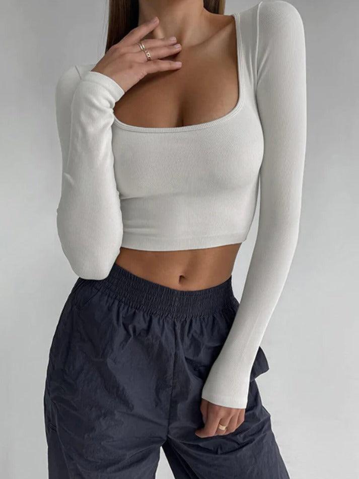 Solid Color Low Cut Slim Long Sleeve Knit - AnotherChill