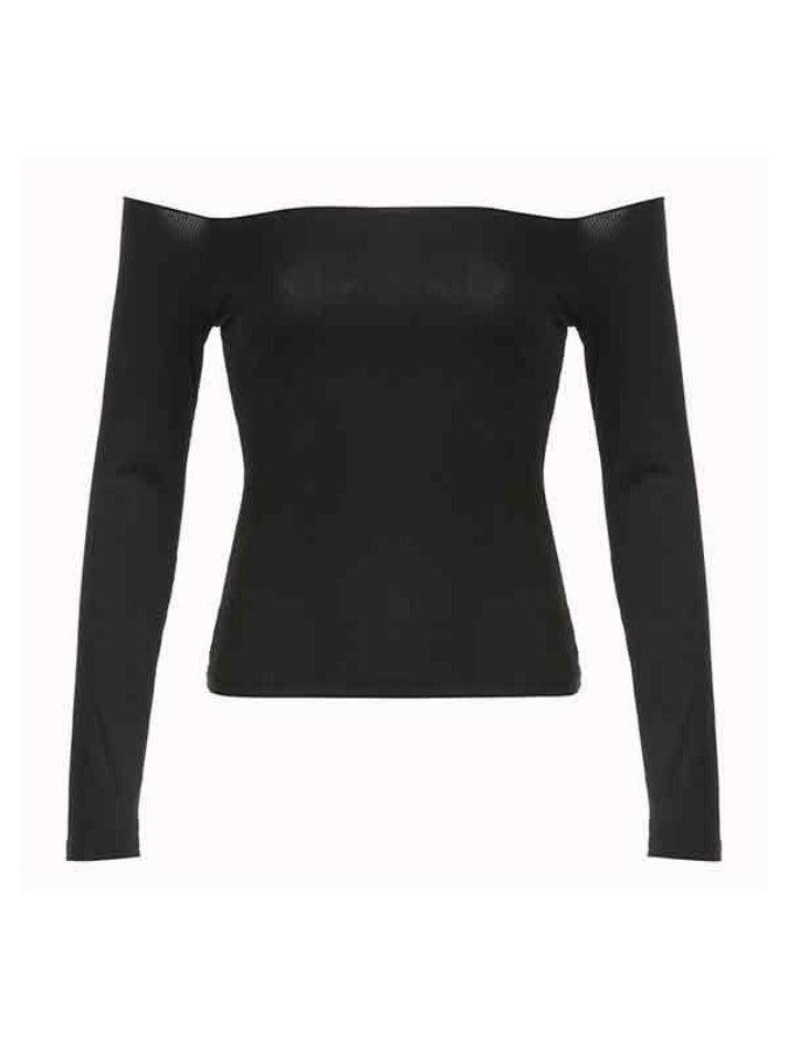 Solid Color Off Shoulder Slim Long Sleeve Tee - AnotherChill