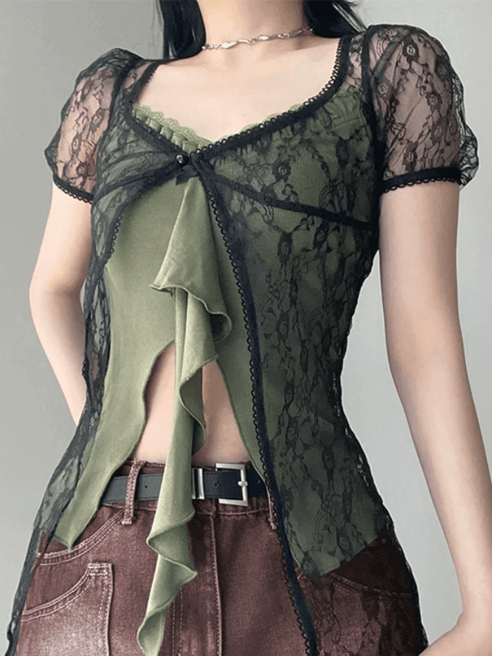 Solid Color One Button Lace Cardigan Bubble Short Sleeve - AnotherChill