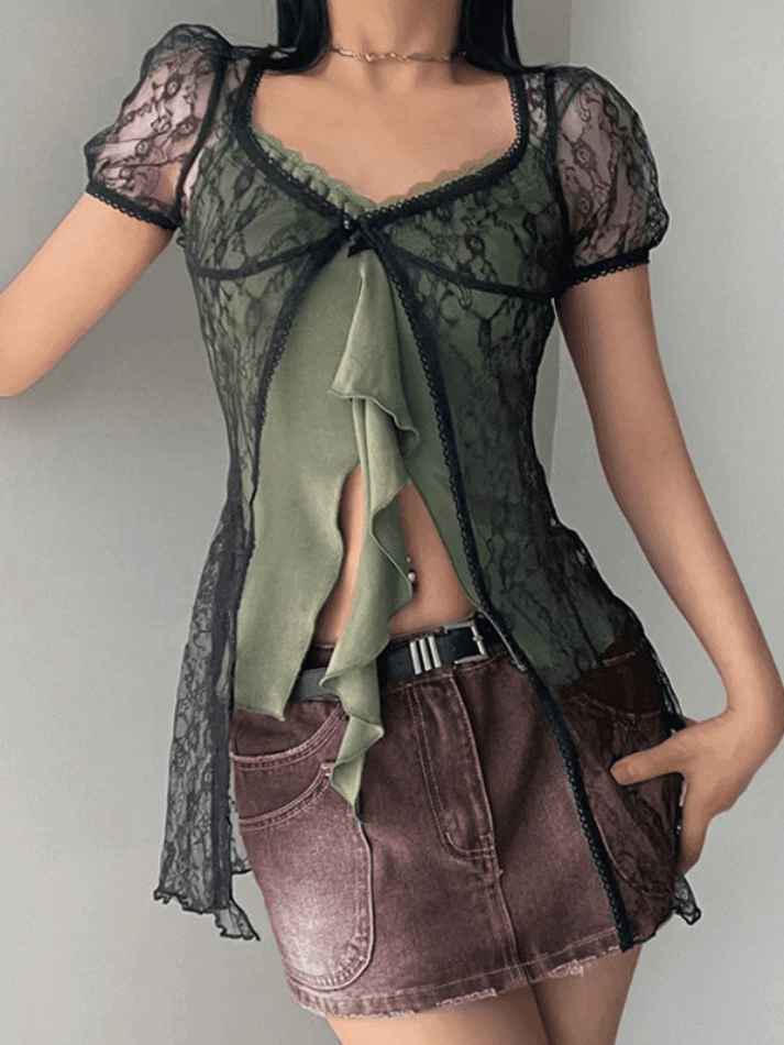 Solid Color One Button Lace Cardigan Bubble Short Sleeve - AnotherChill