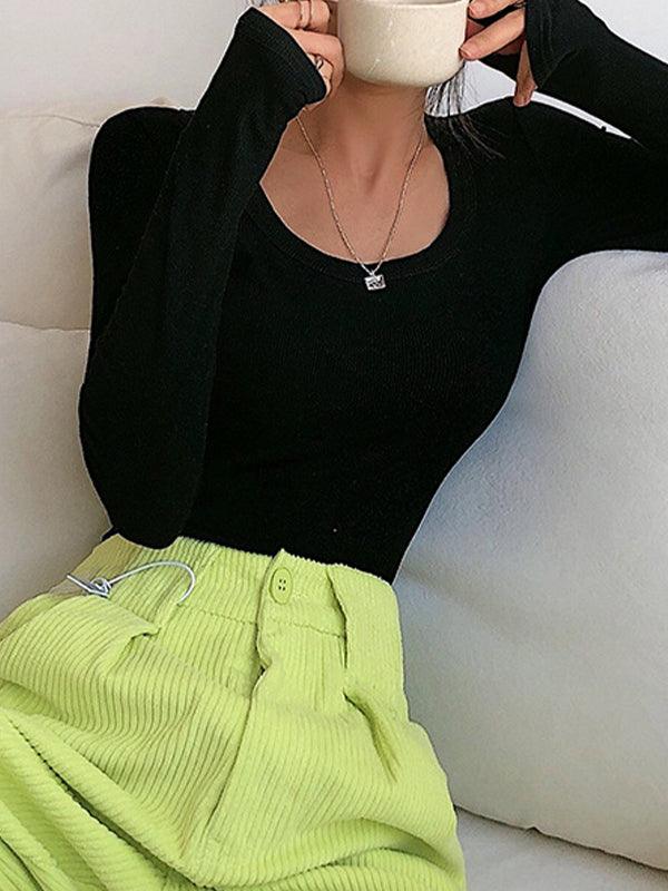 Solid Color Ribbed Stretchy U Neck Long Sleeve Knit - AnotherChill