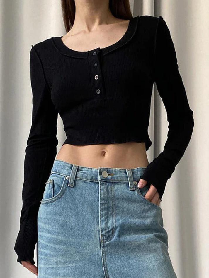 Solid Color Ribbed U Neck Long Sleeve Shirt - AnotherChill