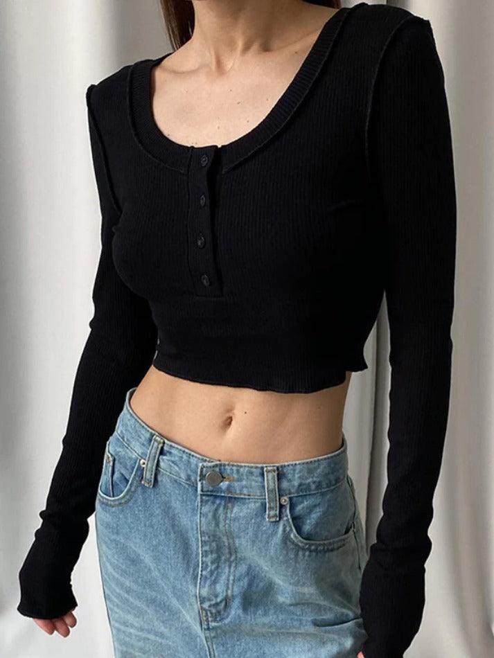 Solid Color Ribbed U Neck Long Sleeve Shirt - AnotherChill