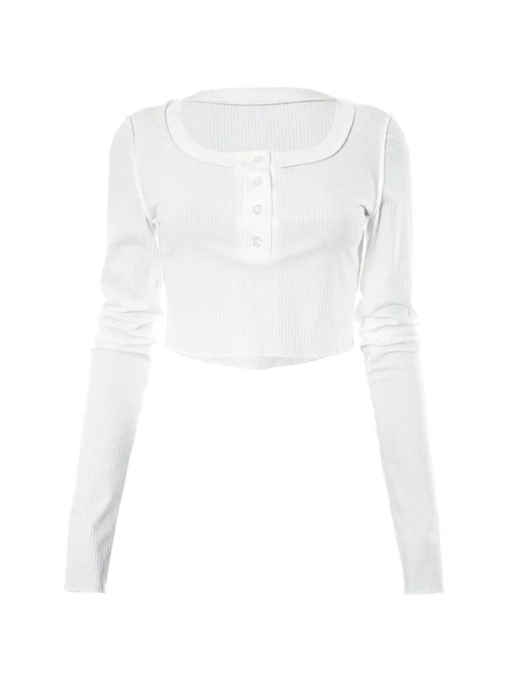 Solid Color Ribbed U Neck Long Sleeve Shirt - AnotherChill