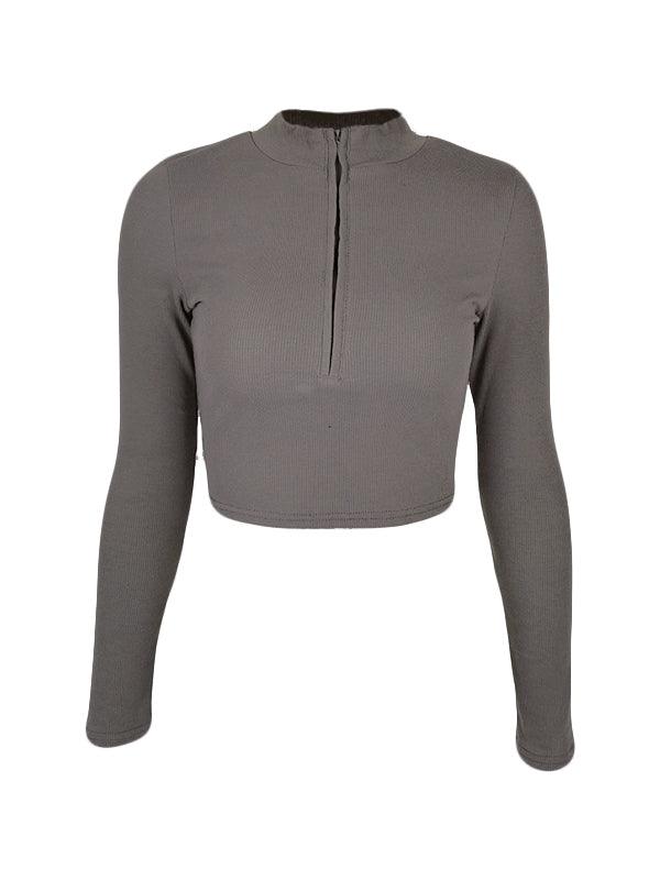 Solid Color Ribbed Zip Up Crop Long Sleeve Knit - AnotherChill