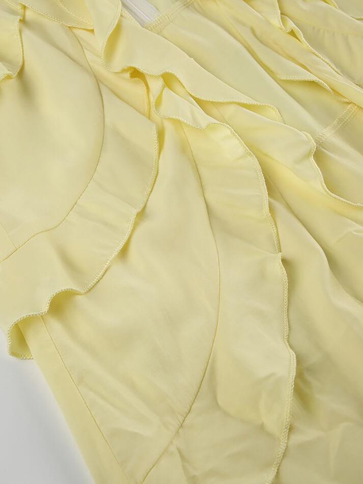 Spaghetti Strap V-Neck Ruffle Slit Hem Plain Top - AnotherChill