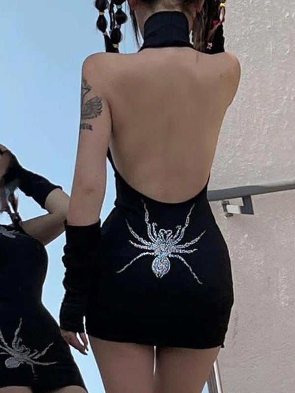 Spider Rhinestone Print High Neck Mini Dress - AnotherChill