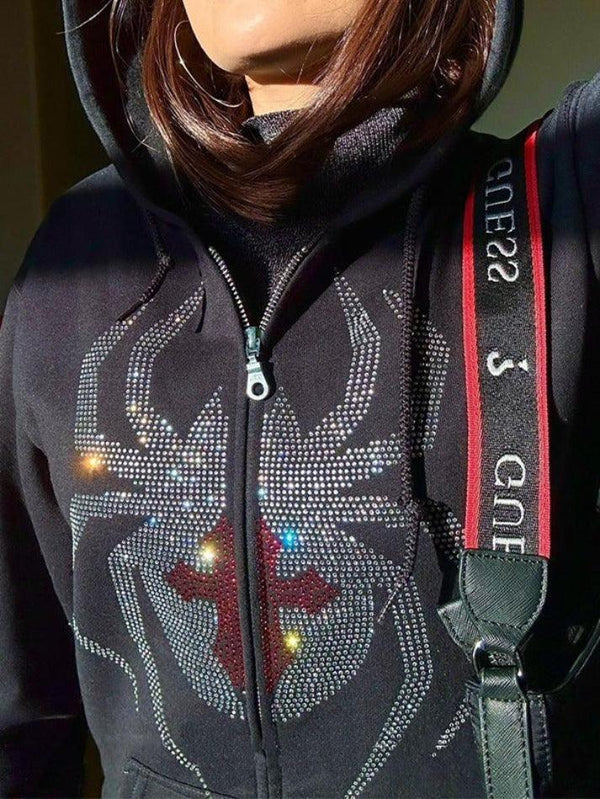 Spider Rhinestone Print Oversized Hoodie - AnotherChill