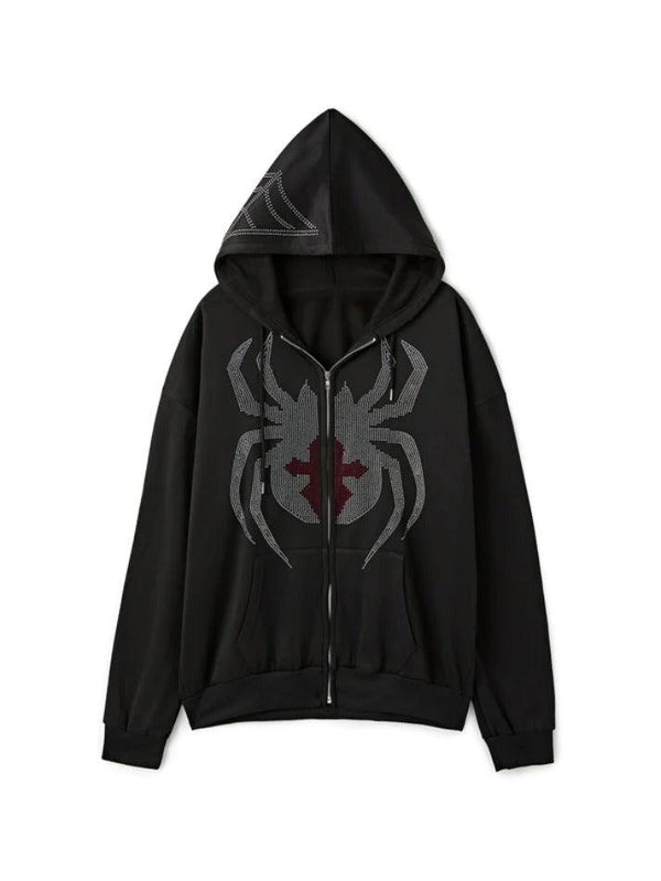 Spider Rhinestone Print Oversized Hoodie - AnotherChill