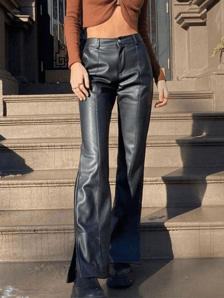 Split Flare Leg Pu Leather Pants AnotherChill